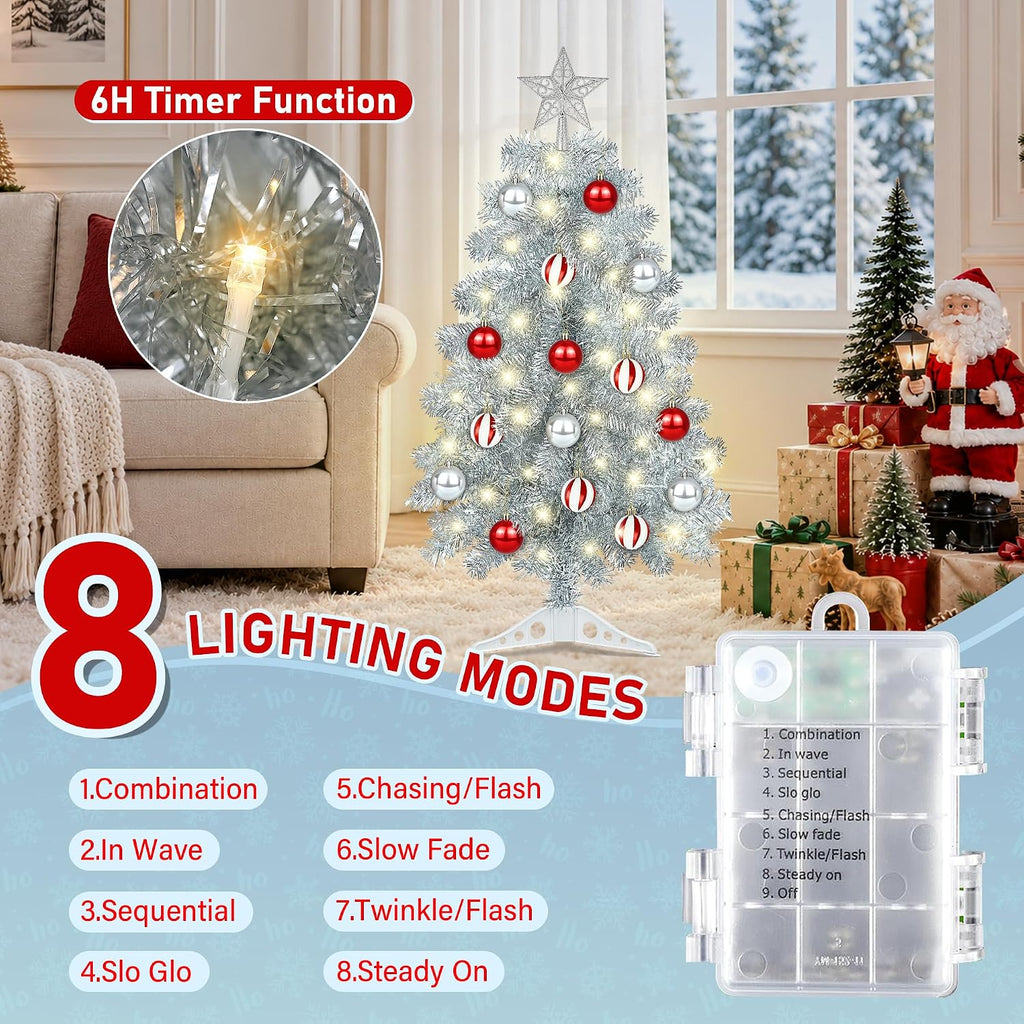 [timer & 8 modes] 3ft silver small christmas, close-up detail