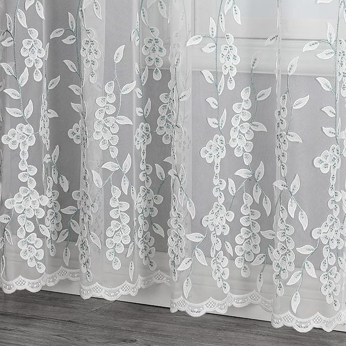 VISIONTEX White Sheer Voile Curtains, Decorative White Embossed Leaves Rod Pocket Window Drapes for Home Kitchen, Living Room and Bedroom 54 x 84 Inch, Set of 2 Curtain Panels