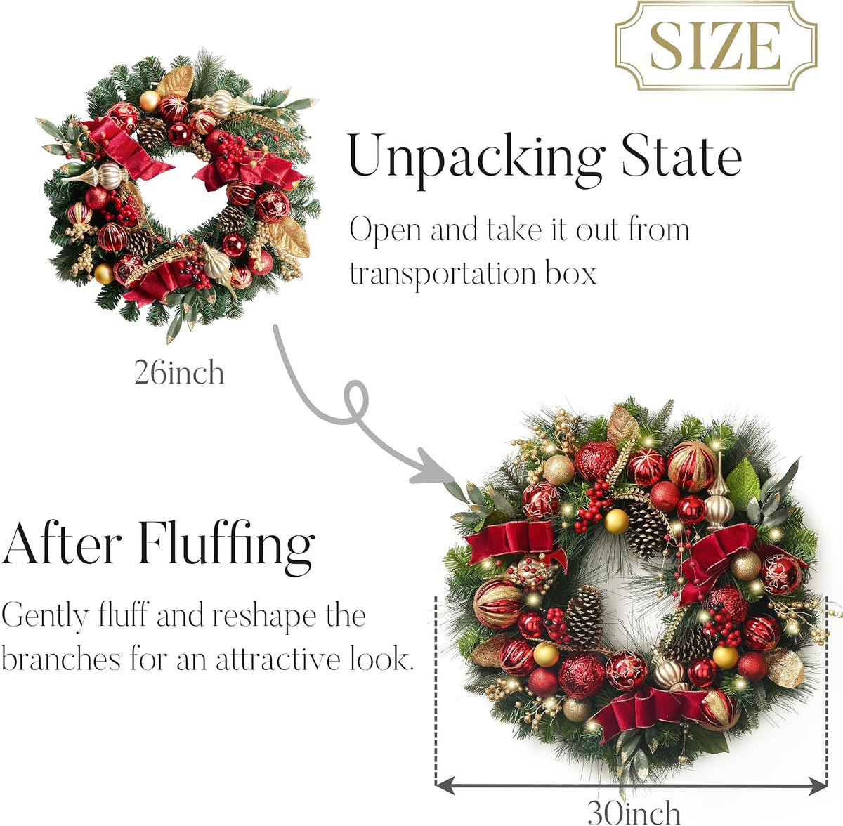 valery madelyn 30" pre-lit large christmas wreath for, package contents