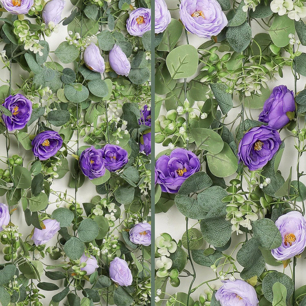 TOCHGREEN 4 Pack Artificial Eucalyptus Flower Garland with Purple Roses