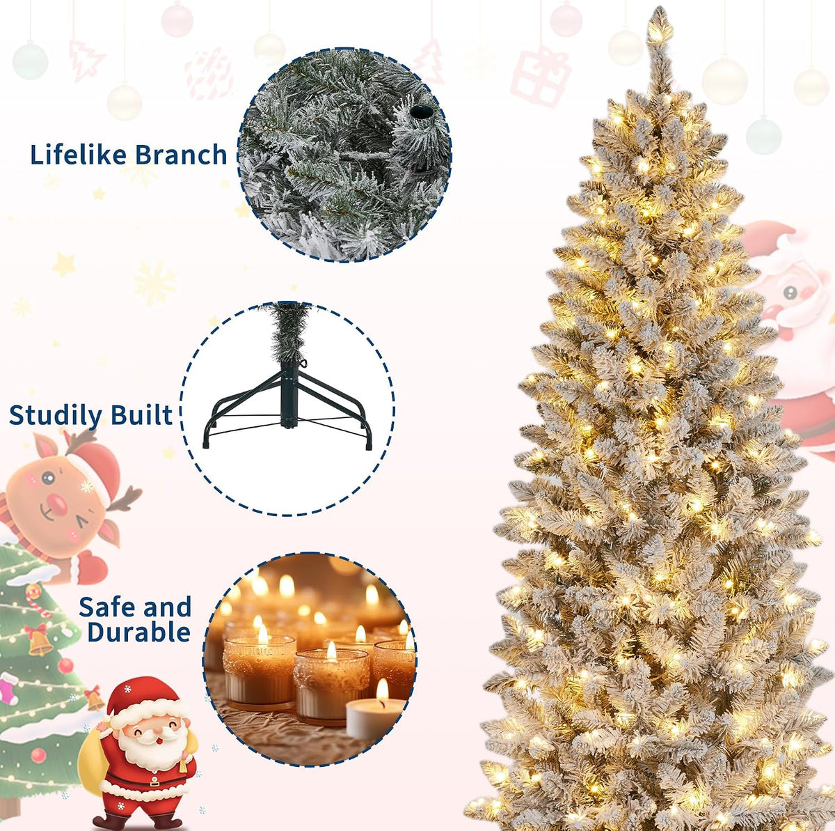 Garvee 6 ft Pencil Christmas Tree,Artificial Pre-Lit Christmas Tree,Realistic Frosted Xmas Tree Holiday Decoration, with LED Light and Metal Stand
