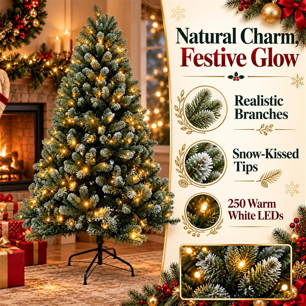 6FT Pre-Lit Frosted Artificial Christmas Tree with 250 Warm White LED Lights,...