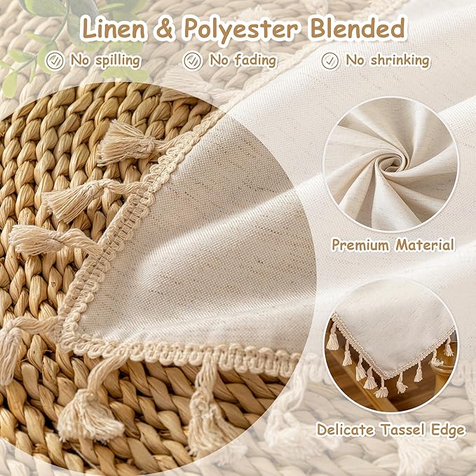 MYSKY HOME Table Cloth 60x102 in Rectangle, Cotton Tassel Linen Look Waterproof, Wrinkle Free Table Cover with Beige Tassels for Kitchen Dining, Party