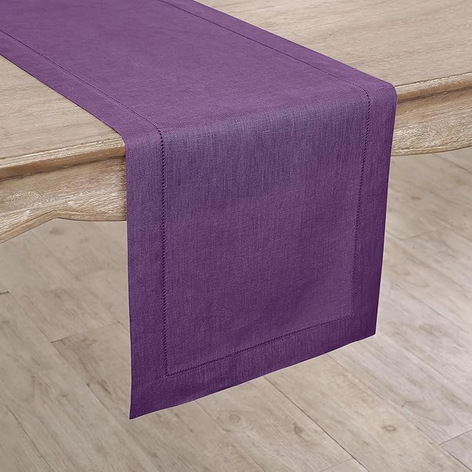 Solino Home Linen Purple Table Runner 132 Inches Long - 100% Pure Linen Extra Long Table Runner 14 x 132 Inch for Fall, Autumn, Halloween, Thanksgiving - Classic Hemstitch