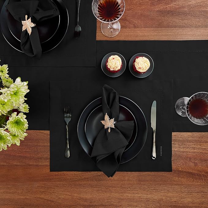 Cotton Linen Table Runner 120 Inches Long – Black Farmhouse Table Runner for Thanksgiving, Christmas – Washable Hemstitch Fabric Ideal for Winter Décor, Gift – Serena