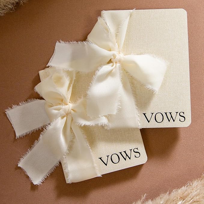Cream Embossed Slim Vow Books w/Ribbon (Set of 2) - 5.625 x 4 Minimalist Pocket Sized Wedding Ceremony Vow Renewal Speech Notebook Journal