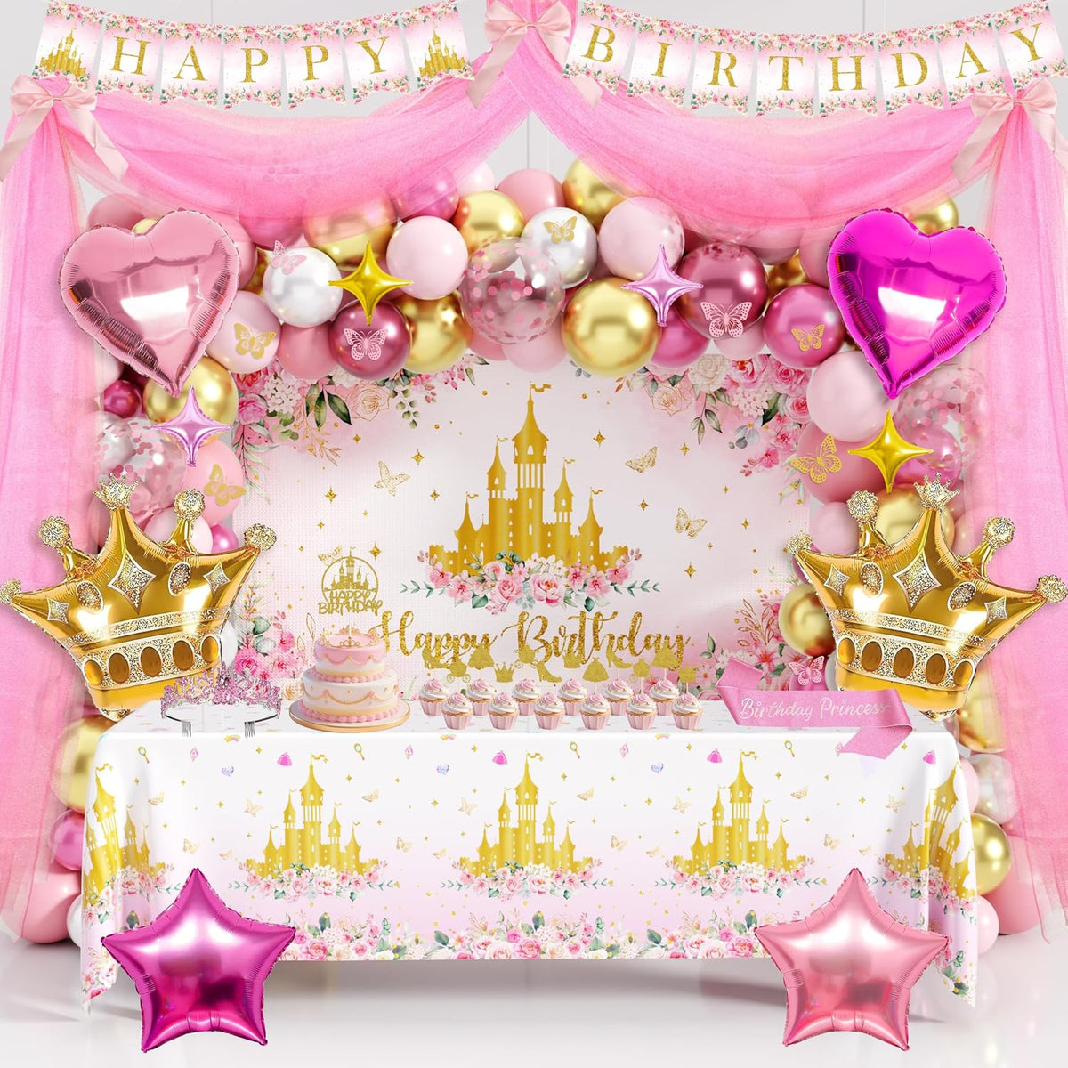 THAWAY Princess Birthday Decorations Pink Gold Balloon Arch Backdrop Set