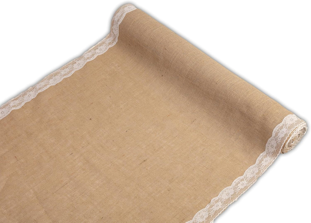 AK TRADING CO. 40" Wide Natural Burlap Wedding Aisle Runner with Ivory L...