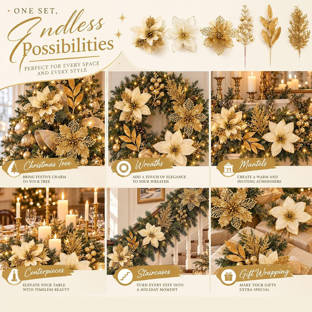 60Pcs Artificial Poinsettia Christmas Flowers Berries Xmas Decor Gold