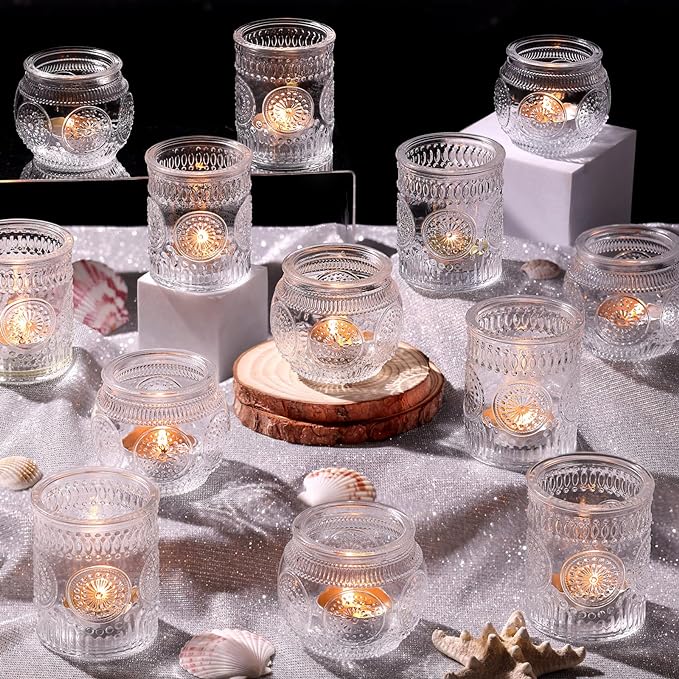 DARJEN 24Pcs Clear Votive Candle Holders - Glass Tea Light Candle Holder, Candle Holders Bulk, Embossed Candle Votives for Wedding Centerpiece & Home Decor