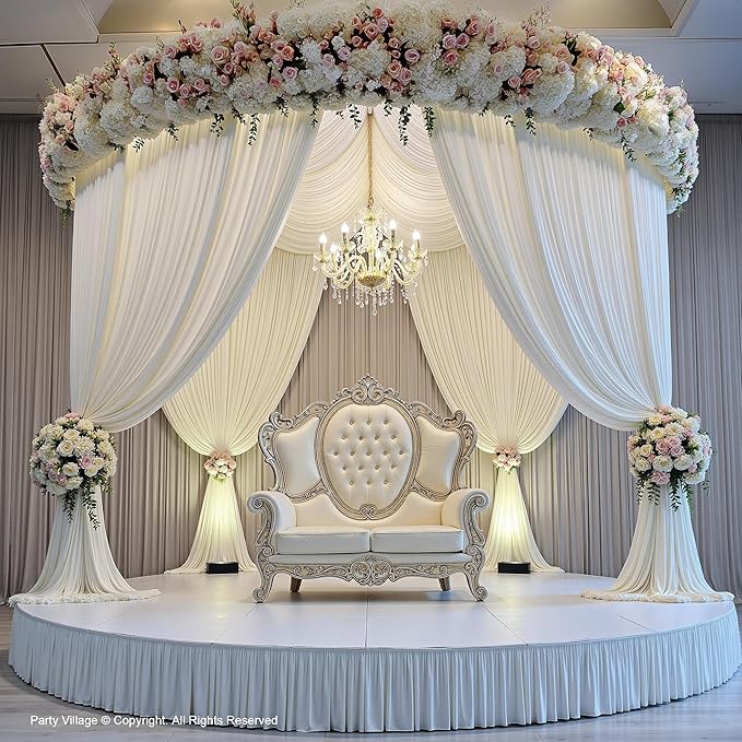 PartyVillage 50ft×15ft White Backdrop Curtain for Wedding Parties, 10 Panels Wrinkle Free 15 FT Long Polyester Photo Backdrop Drapes Back Drop Cloth for Birthday Photography Background
