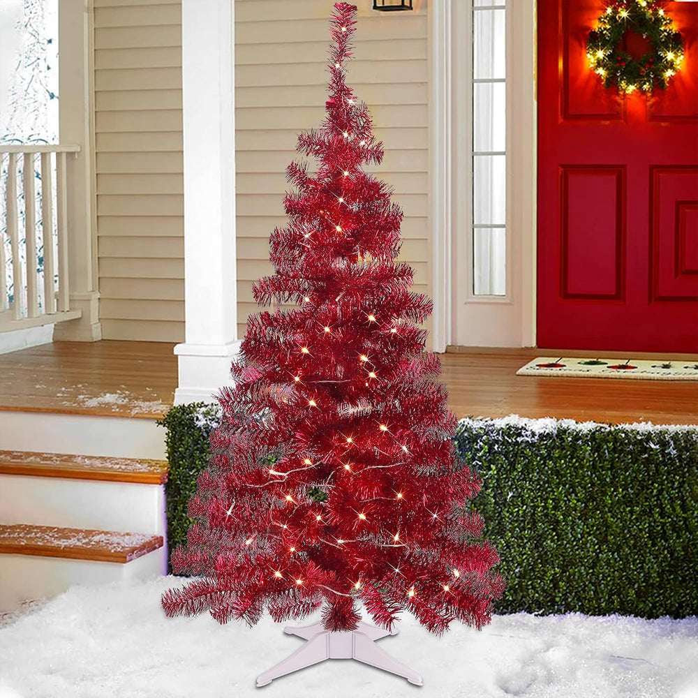 Juegoal 4 FT Pre-lit Artificial Christmas Tree, Lighted Red Tinsel Pine Spruc...