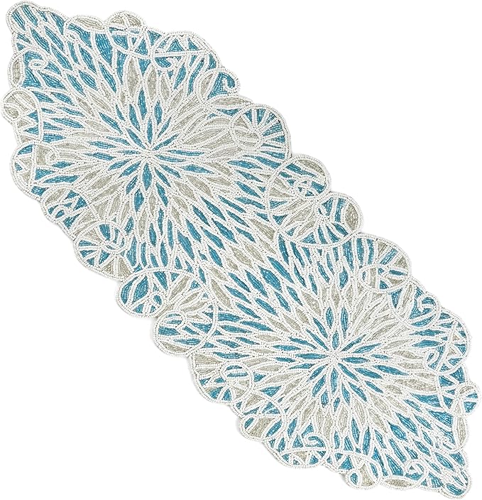 Handcrafted Beaded Table Runner – Elegant, Stain-Resistant Glass Bead & Polyester Glitz Accent for Farmhouse, Wedding, Bridal Shower, Dinner Table & Holiday Decor (Sky Blue White) - CLEENTABLE