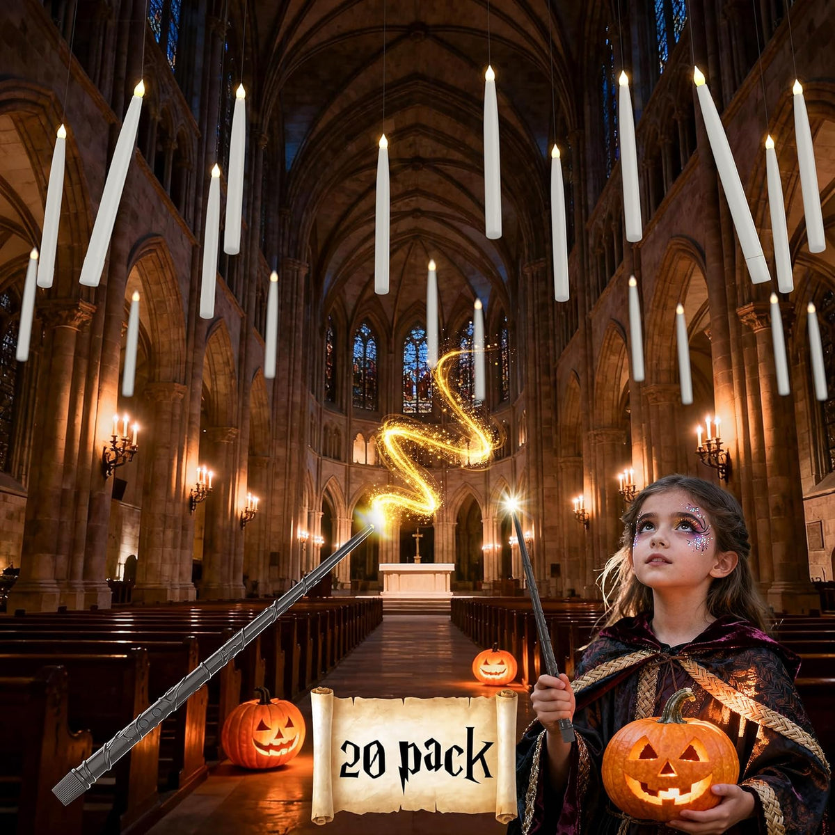 20PCS Floating Candles with Wand, Magic Hanging Candles, Flickering Warm Light Taper Flameless Floating LED Candle for Halloween Decor, Halloween Decorations for Indoor Classroom Bedroom Party