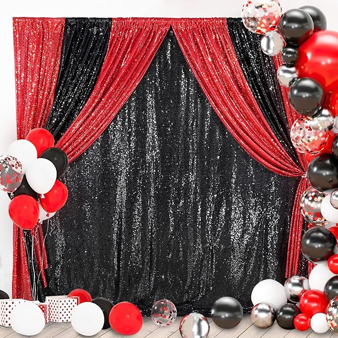 Black Backdrop for Halloween Decorations: Sequin Photo Curtains 10ft x 10ft Glitter Fabric for Wedding Party Baby Shower