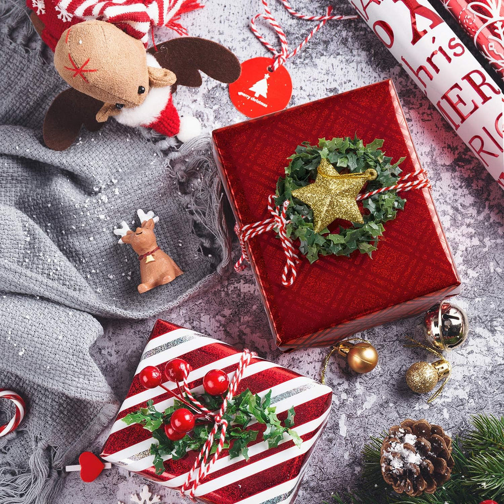 WRAPAHOLIC Christmas Wrapping Paper Set - Red and White Metallic Foil Shine C...