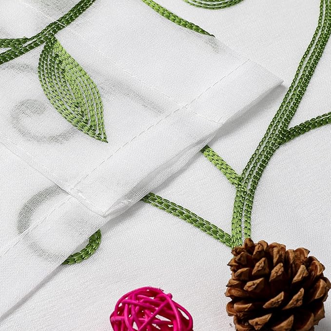 VISIONTEX Embroidered Green Sheer Voile Curtains, Leaves Embroidery Faux Linen Rod Pocket Window Drapes for Living Room and Girls Bedroom 54 x 84 Inch, Set of 2 Curtain Panels