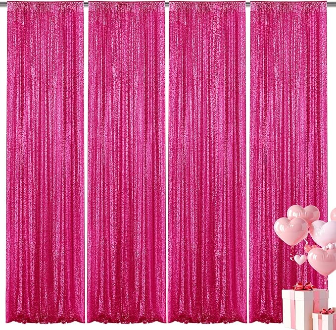 Fuchsia Sequin Backdrop Curtain 4 Pieces 2FTx8FT Glitter Photography Backdrop for Party Wedding Birthday Christmas Decorations