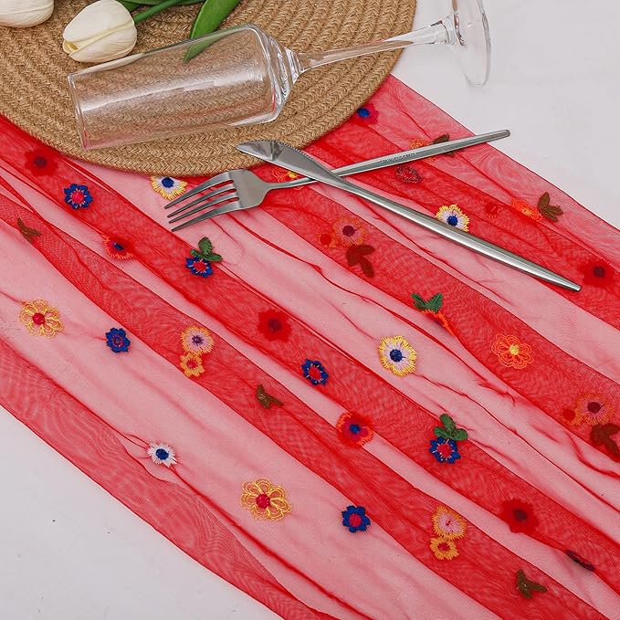 BINBE 12pcs Daisy Fall Table Runner Embroidery Gauze 10FT Florals Seasonal Tulle Holiday Birthday Kitchen Dining Table Decor for Home Party Red