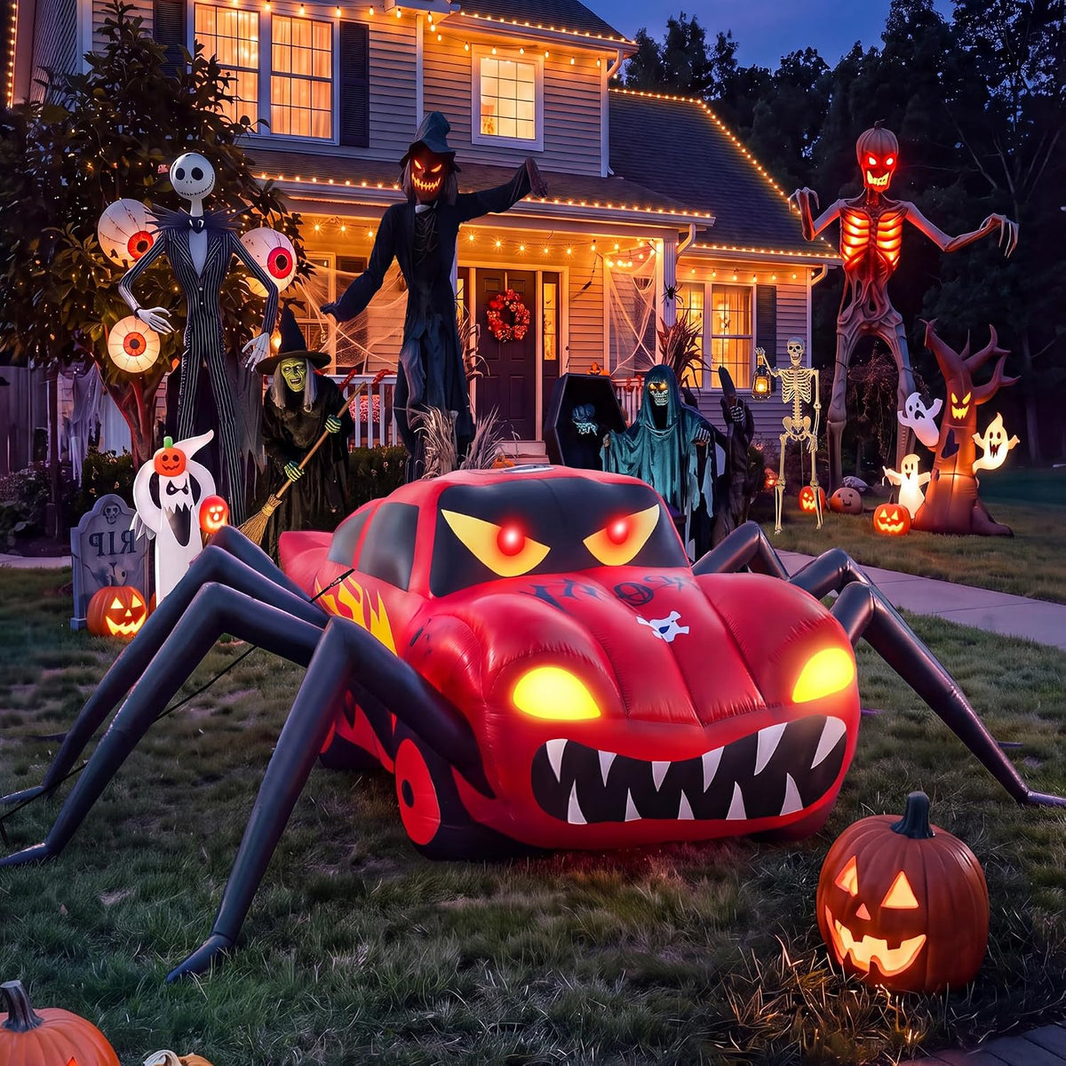 15FT Red Spider Car Halloween Inflatables Outdoor Decorations Built-in LEDs