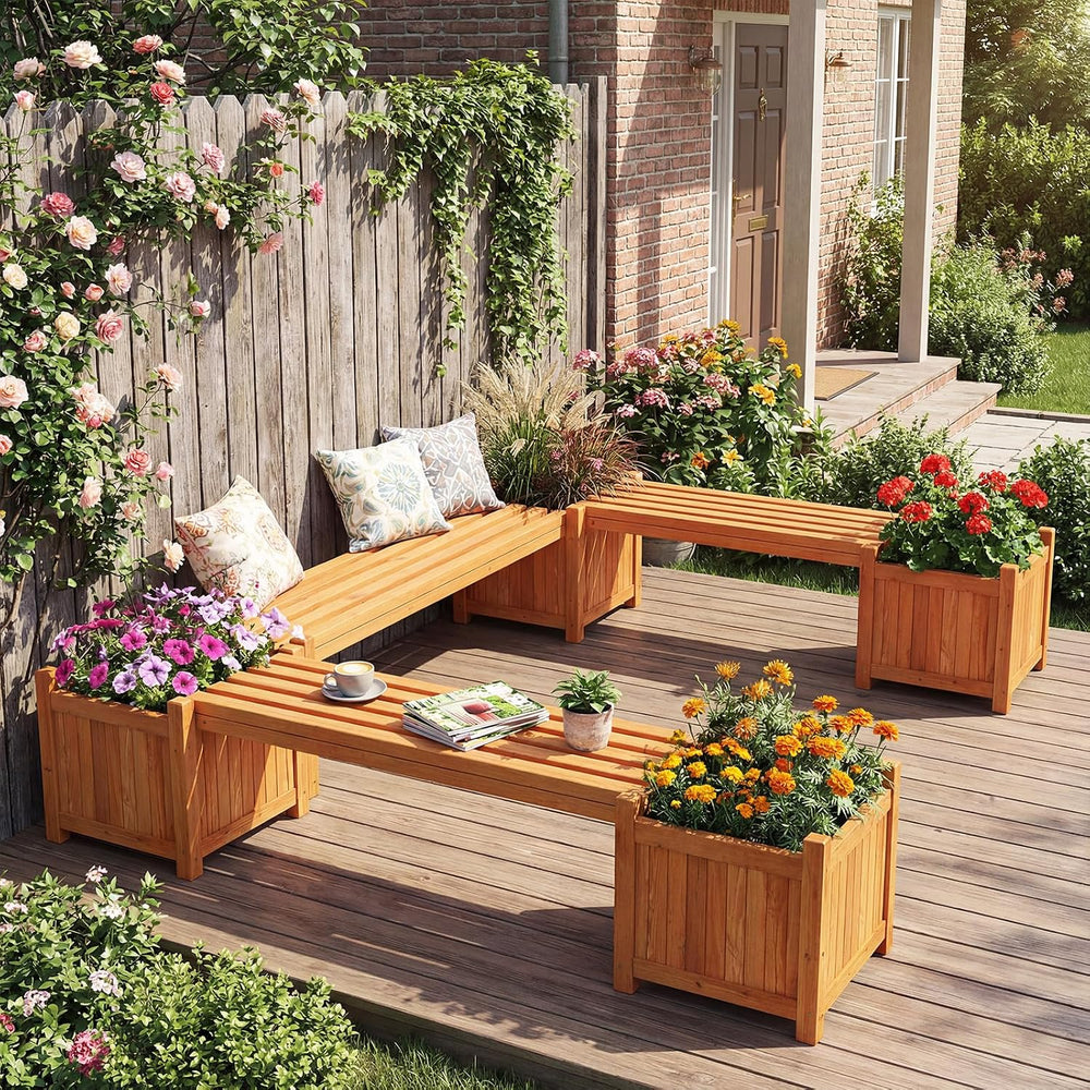 HAPPYGRILL 2-in-1 Outdoor Bench with 2 Raised Garden Beds