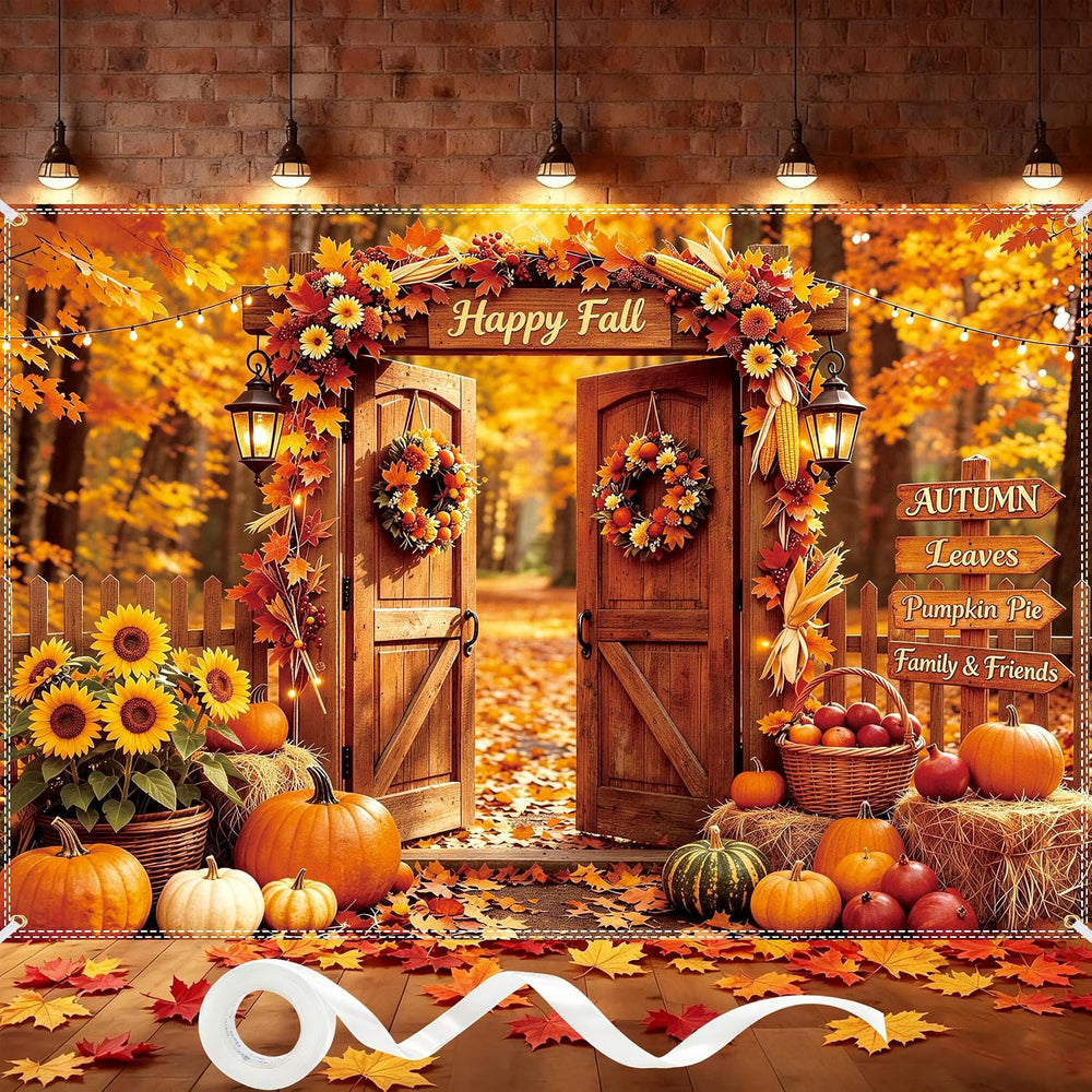 Fall Backdrop 10×6.5ft, with 100 Pcs Red & Yellow Artificial Maple Leaves