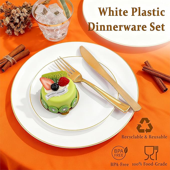 Festiva 176Pcs White and Gold Plastic Plates - White with Gold Rim Fall Dinnerware Set - 25Guest include Plates Cups Cutlery Napkins for Fall Party&Wedding& New Year&Thanksgiving (175PCS)