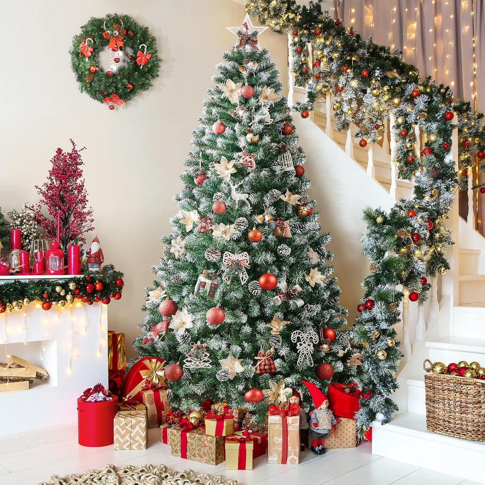 Yaheetech 7.5ft Artificial Christmas Tree, Snow Flocked Christmas Tree w/82 P...
