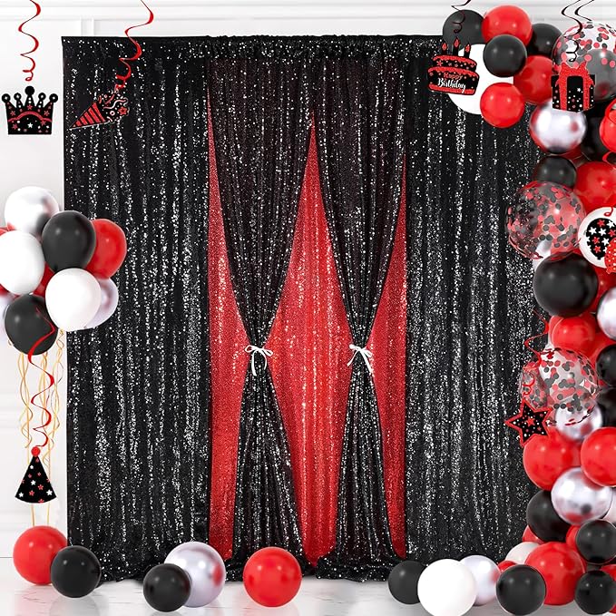 Black Sequin Backdrop Curtain 7ft x 7ft Glitter Photo Booth Backdrop for Wedding Birthday Baby Shower Event Decorations