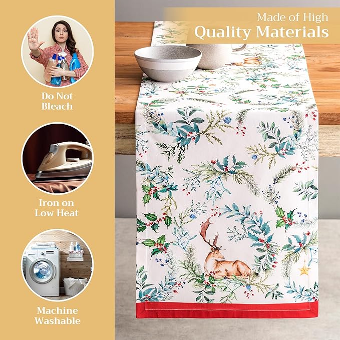 Maison d' Hermine Table Runner 100% Cotton Double Layer Table Runners 108 inches Long for Thanksgiving Christmas Decorations Home Kitchen Dining Party Wedding (Holly Time, 14.5" x 108")