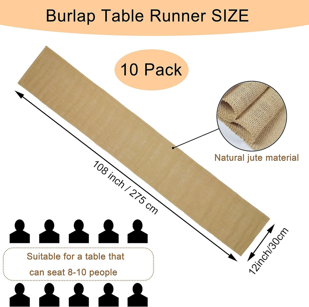 10 Pack Natural Burlap Table Runners,12 x 108 Inch Rustic Jute Table Runner a...