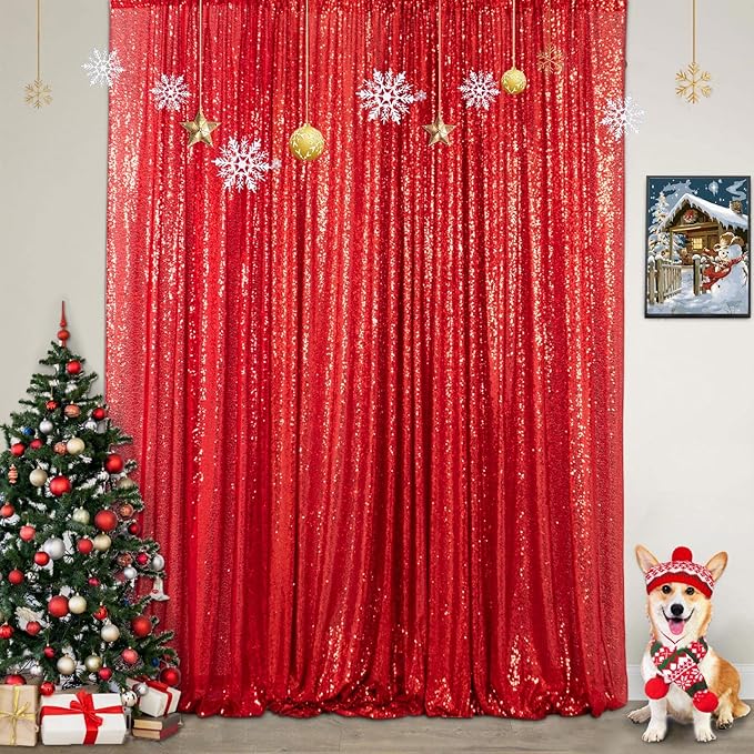 ShinyBeauty Sparkling Red Sequin Fabric Photography Backdrop 5FTx10FT | Glitter Birthday Party Decor, Studio Background for Events & Holiday Photo Booths