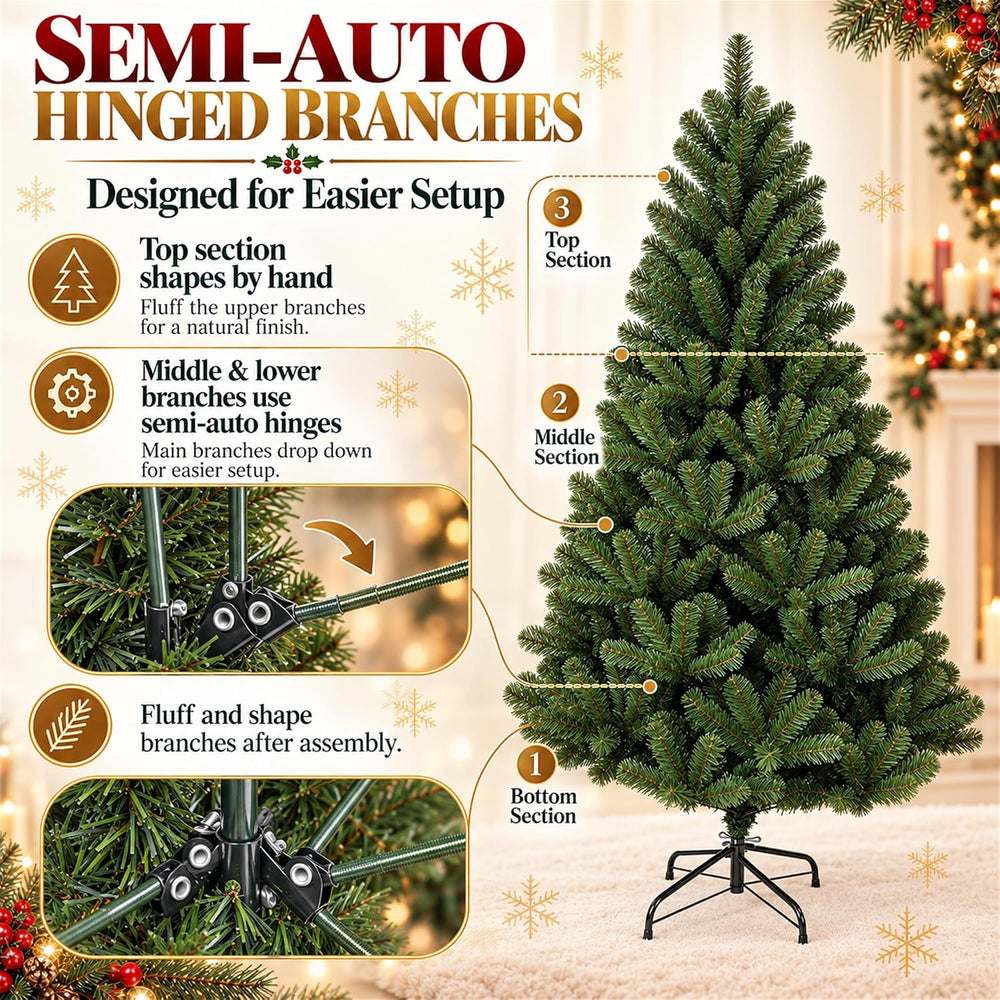 6FT Unlit Green Artificial Christmas Tree with 634 Branch Tips, Hinged Semi-A...
