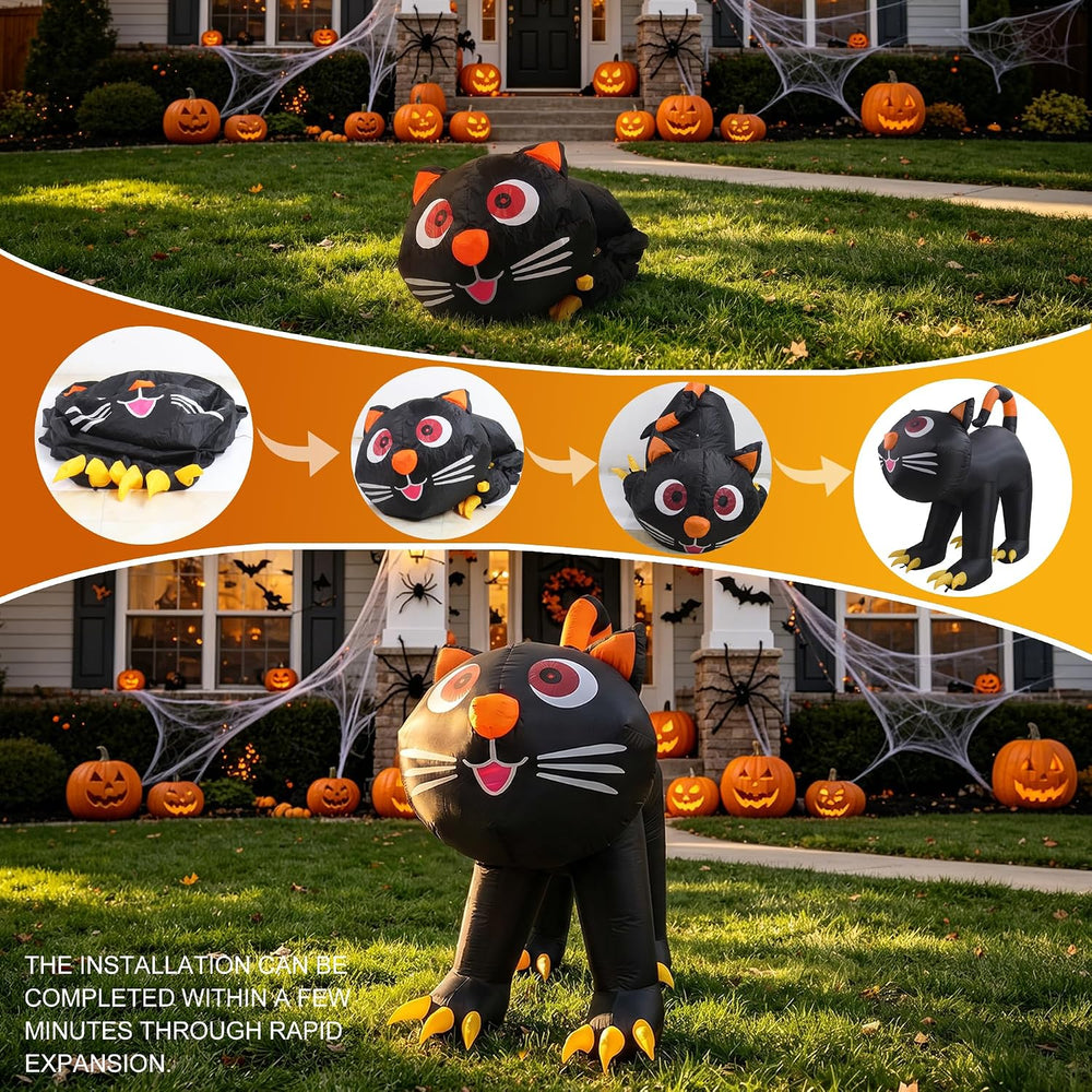5.91 FT Halloween Inflatables Yard Decor Outdoor Black Cat with LED Lights Bu...