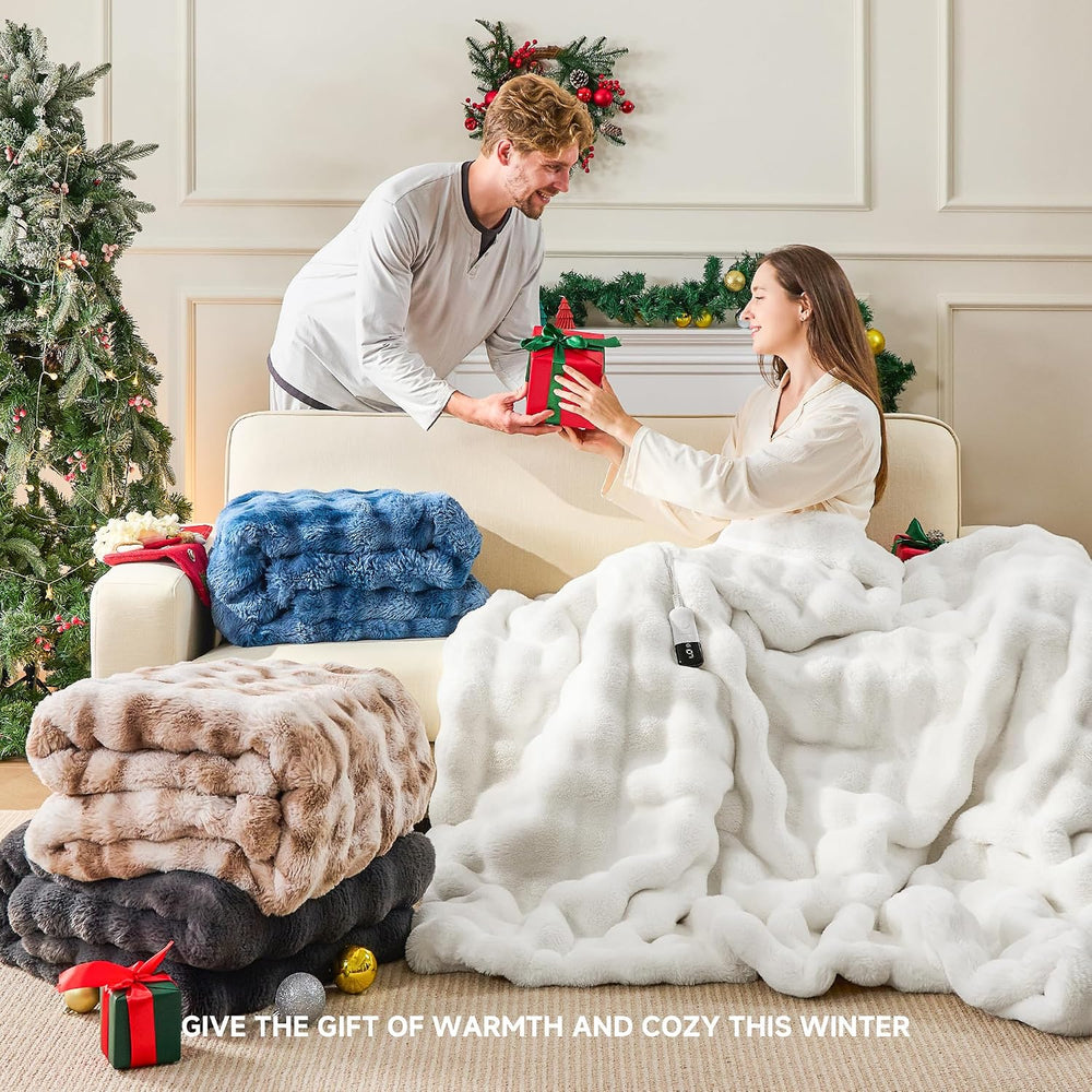 Faux Fur Cozy Heated Blanket Twin Size,White,62"x84"