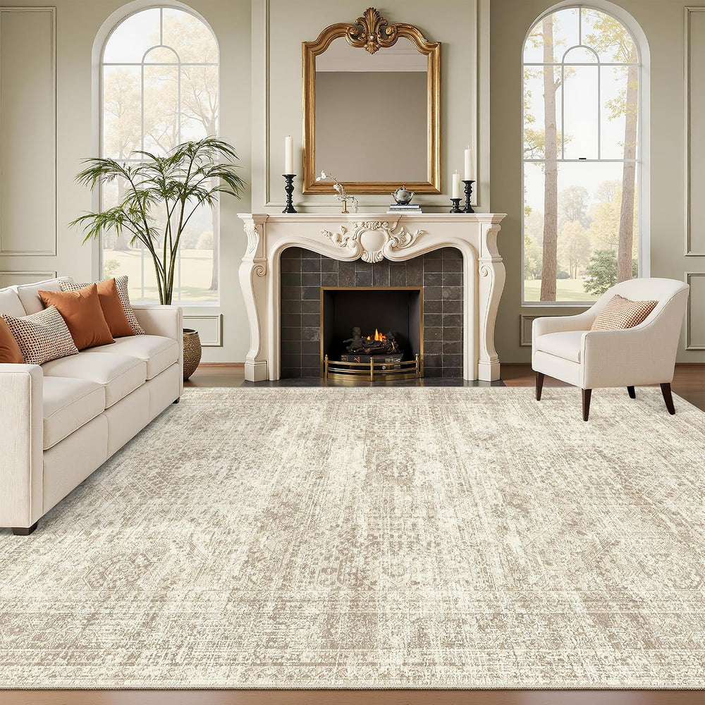 Soalmost 9x12 Area Rugs for Living Room Washable Print Rug Non-Slip Beige
