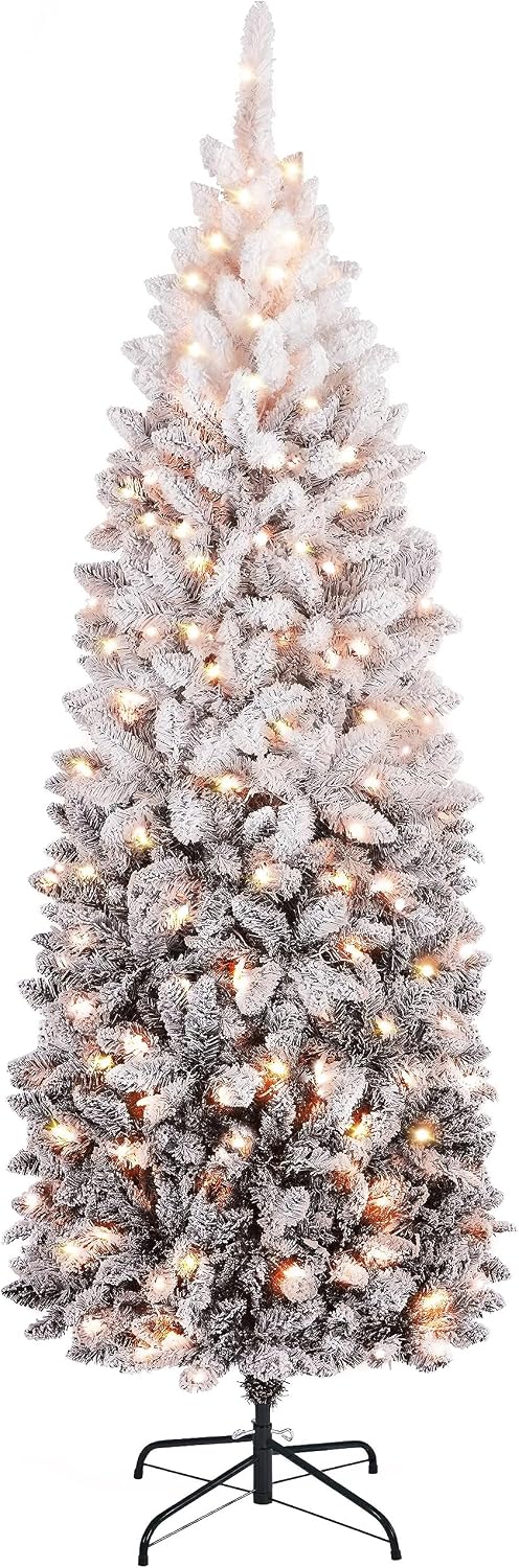 Yaheetech 6ft Pre-lit Snow Flocked Pencil Christmas Tree, Black Gradient