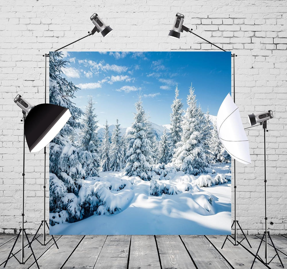 BELECO 10x10ft Fabric Winter Snow Backdrop White Xmas Trees Wintry Scene Alps...