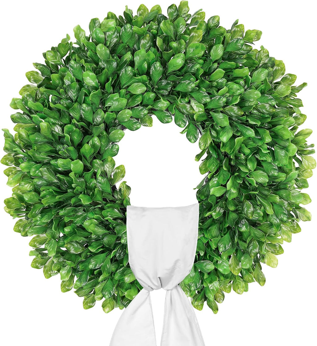 Vlorart 24 Inch Faux Round Boxwood Wreath, Weatherproof Front Door Large Wreaths Artificial Spring Summer Greenery Wreath with Sash for Farmhouse Wedding Year Round Indoor and Outdoor