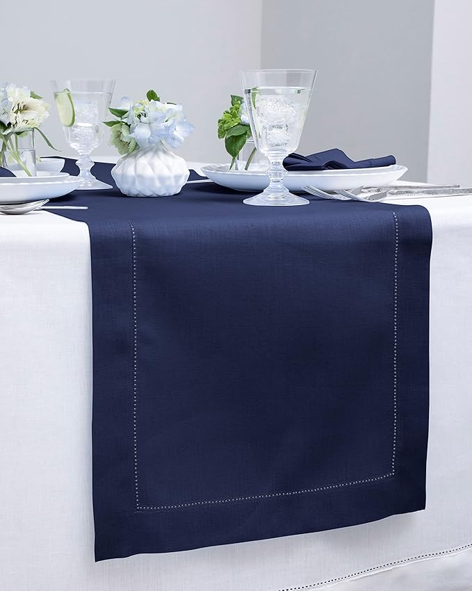 Solino Home Linen Navy Blue Table Runner 60 Inches - Classic Hemstitch, 100% Pure Linen Coffee Table Runner 14 x 60 Inch Ideal for Dresser Tables - Fall, Autumn, Halloween, Thanksgiving, Christmas