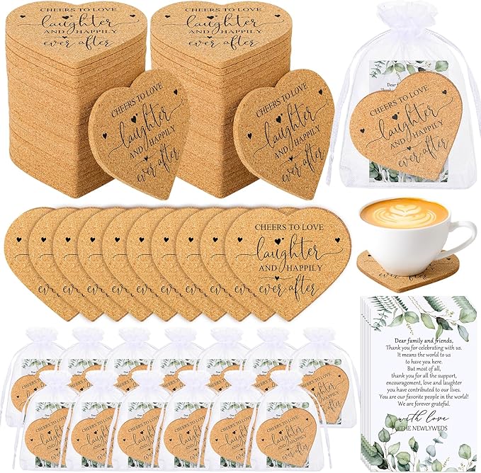 Uiifan 80 Set Wedding Favors for Guest Coaster Gifts Bulk Heart Shaped Coasters Thank You Cards Organza Bags Guest Souvenirs for Wedding Party Bridal Favors