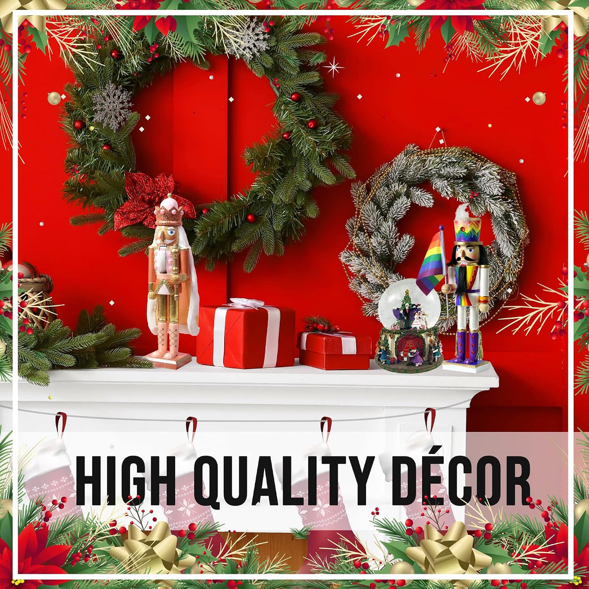 Nutcracker Ballet Gifts, Nutcracker Christmas Ornaments, Wooden Figure Decoration with Rose Gold Glitter Uniform for Holiday Home Decor, 15 Inch, White Nutcracker King Style 3