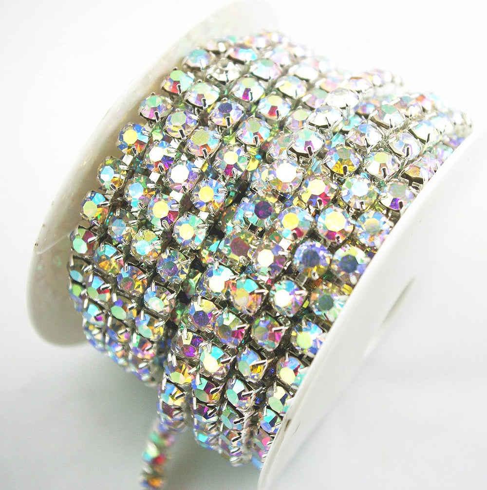 10 Yard Crystal AB Rhinestone Close Chain Clear Trim Sewing Craft (Silver, 6mm)