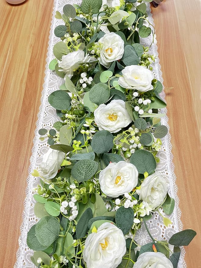 4 Pack Artificial Eucalyptus Flower Garland with White Roses, Fake Flowers Greenery Garland Flower Vines for Wedding Party Centerpiece Mantle Table Runner Spring Summer Home Decor (4PCS, White)