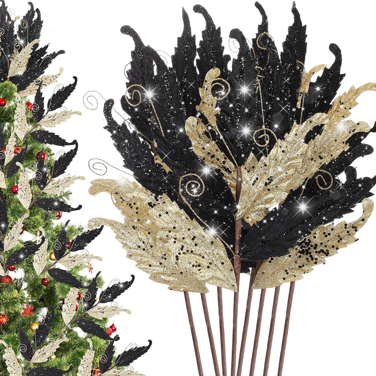 HyDren 20 Pcs Christmas Glitter Leaves Ornaments, Gold and Black