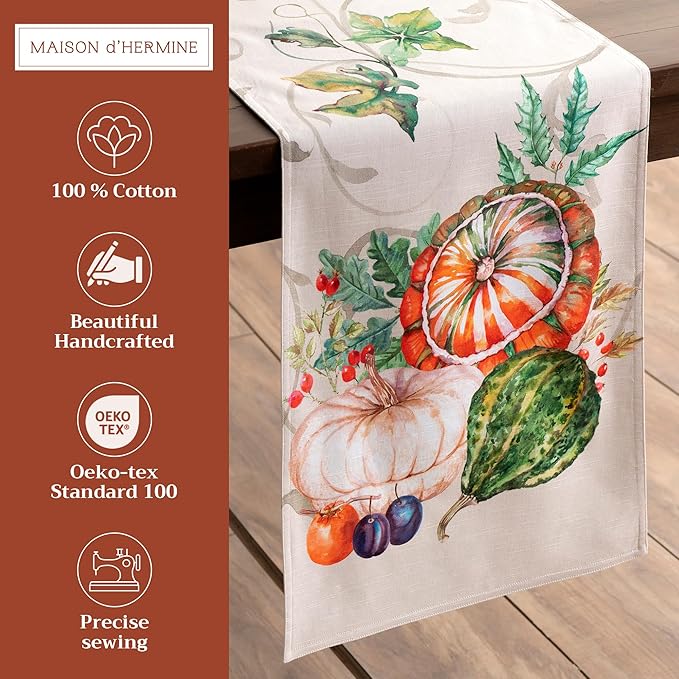 Maison d' Hermine Table Runner 100% Cotton Double Layer Table Runners 72 inches Long for Thanksgiving Christmas Decorations Home Kitchen Dining Party Wedding (Lumina, 14.5" x 72")