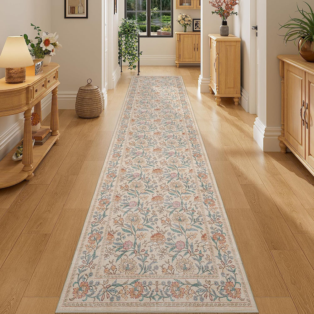 2x10 Runner Rug for Hallway, Washable Vintage Floral Rug, Beige