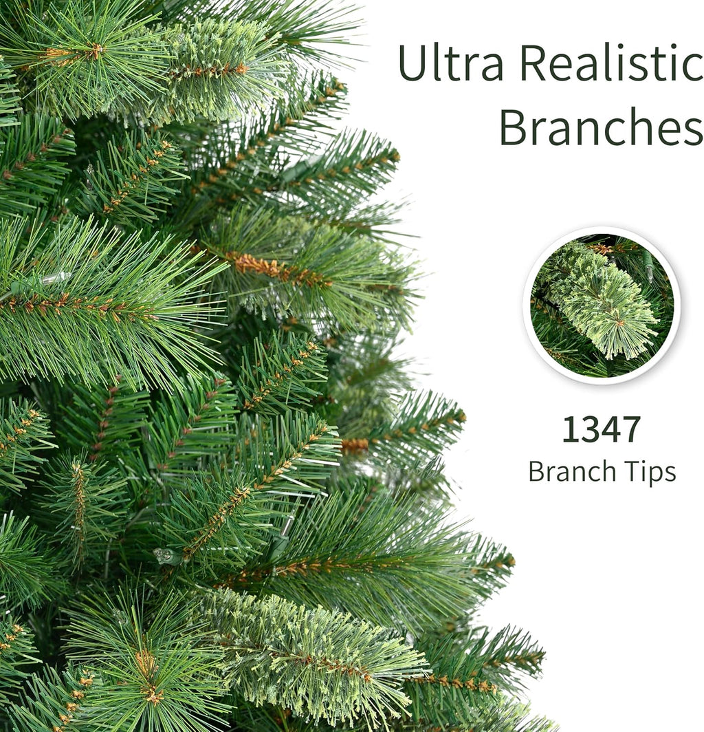 Puleo International 7.5ft Pre-Lit Teton Pine Christmas Tree with 600 Clear Lights, 1347 Realistic Dense Branch Tips, Easy Setup Artificial Trees with Sturdy Metal Stand