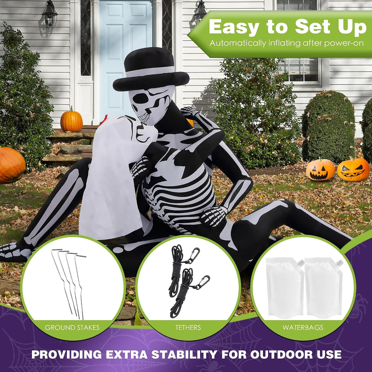 zpisf 8.5 ft giant halloween inflatables cuddling skeleton, side view