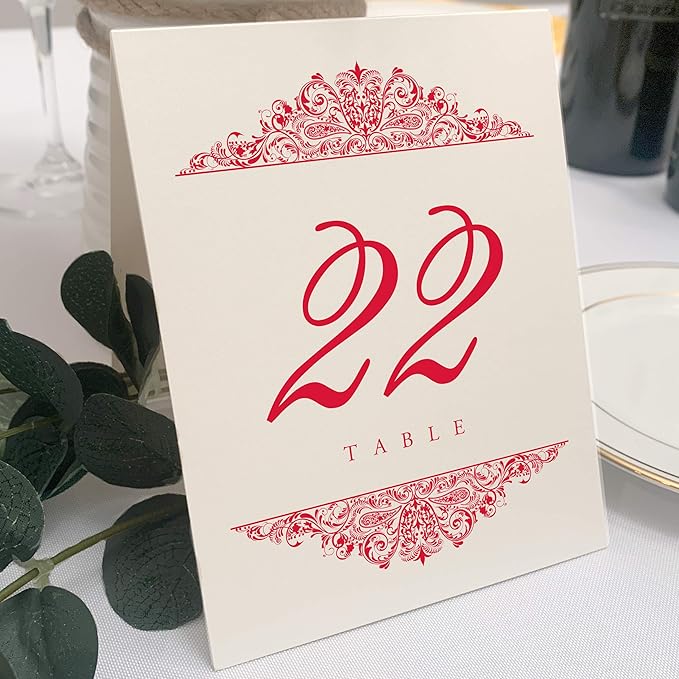Paisley Wedding Table Numbers (Select Color/Quantity), Champagne, Ruby Red, 1-200, Double Sided, Tent or Use in a Stand, Great for Parties & Restaurants - Made in the USA